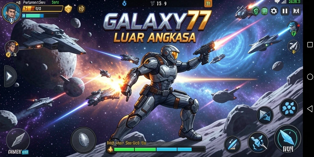 Screenshot gameplay GALAXY77 menampilkan aksi tembak-menembak yang intens.