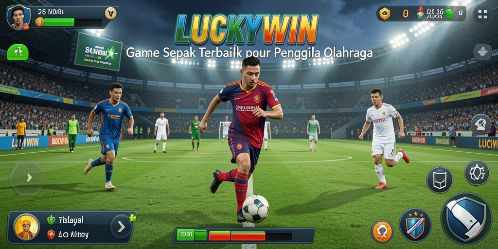 Screenshot gameplay LUCKYWIN menunjukkan aksi seru di lapangan sepak bola.