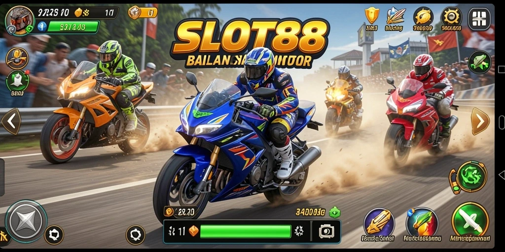 Gambaran aksi balapan motor yang mendebarkan di SLOT88.