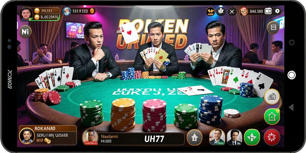 Tangkapan layar UH77 menampilkan gameplay poker yang mendebarkan.